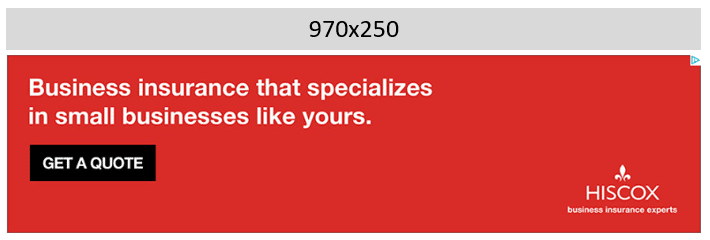 Criativo real da Hiscox no formato publicitário 970 por 250 pixels