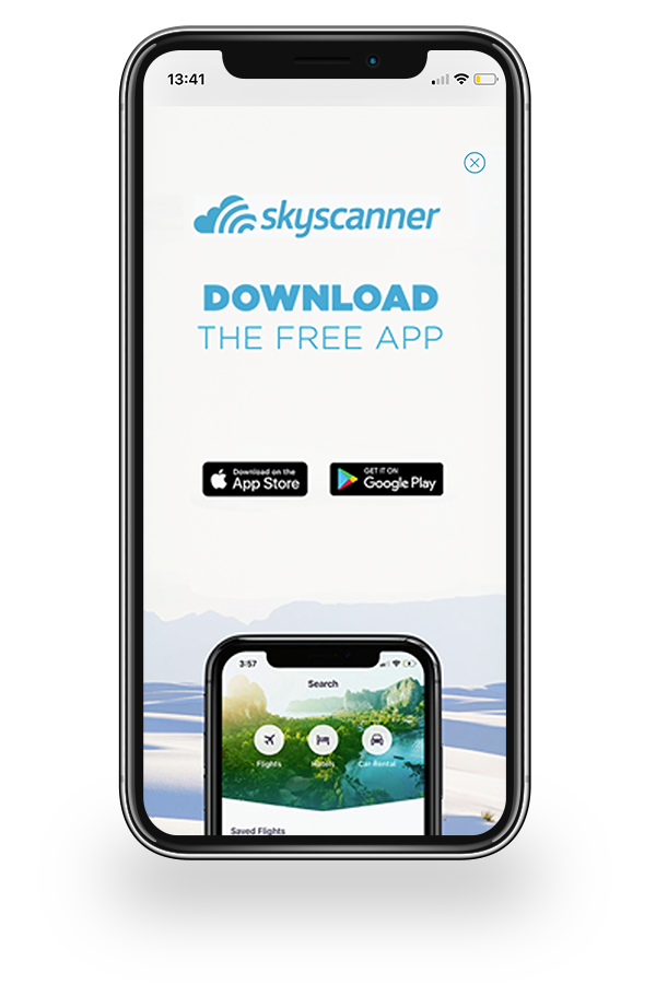 Captura pública de um criativo interstitial real da Skyscanner em tela cheia no celular